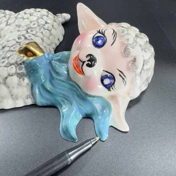 1950s Ceramic Lamb Shell Whimsical Hand Painted Wall Hanging Plaque Figure VTG - Picture 9 of 16